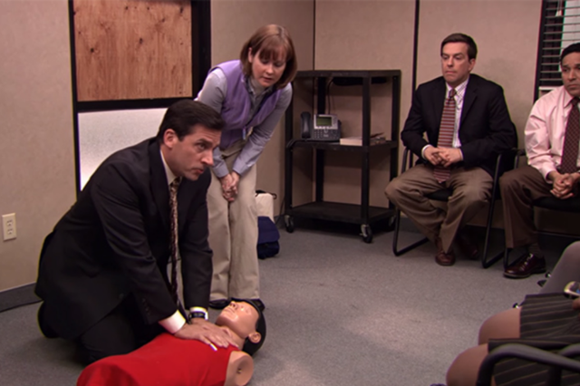 Steve Carrell as Michael Scott demonstrates CPR on The Office