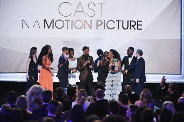 The cast of Black Panther accepts Outstanding Performance by a Cast in a Motion Picture onstage during the 25th Annual Screen Actors Guild Awards at The Shrine Auditorium on 27 January, 2019 in Los Angeles, California.