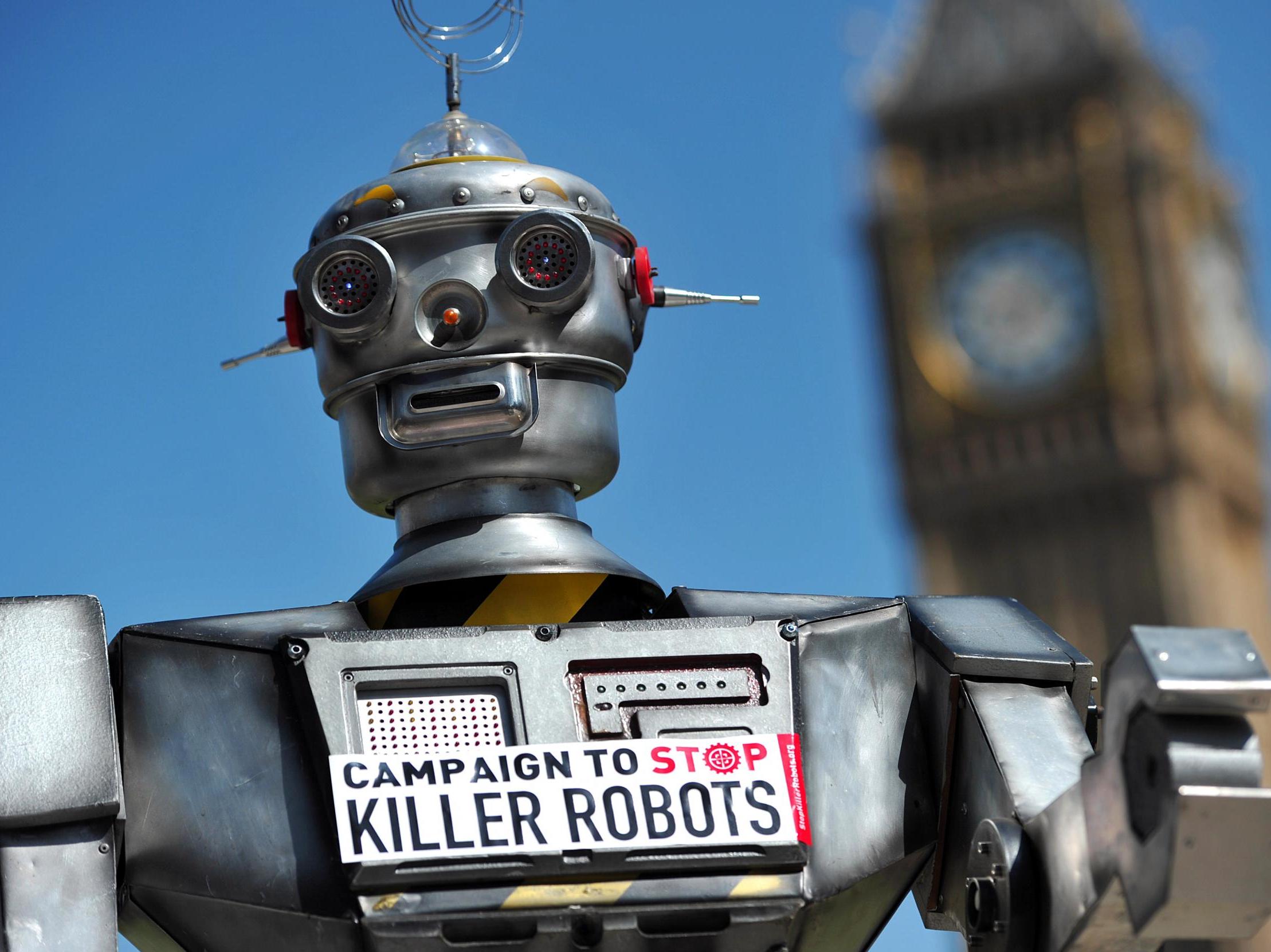 A mock 'killer robot' is pictured in central London on 23 April 2013 during the launching of Campaign to Stop 'Killer Robots,' which calls for the ban of lethal robot weapons that would be able to select and attack targets without any human intervention.