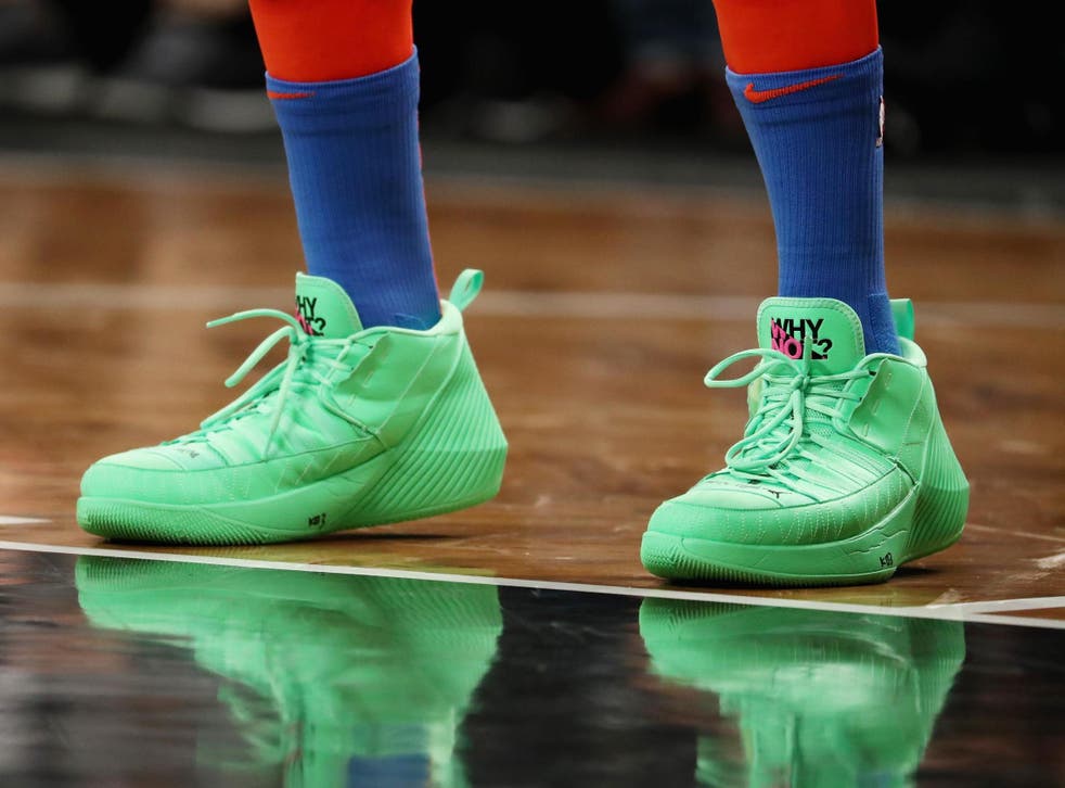 Basket ball heroes inspire millions with their quirky sneaker styles. Pictured: Russell Westbrook of the Oklahoma City Thunder during their game at the Barclkays Centre on 5 December 2018, New York City