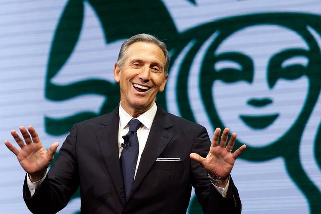 Starbucks CEO Howard Schultz speaks at the Starbucks annual shareholders meeting in Seattle