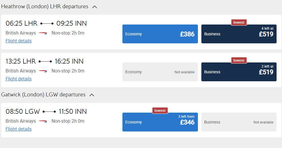 BA’s Innsbruck flights cost more than £800