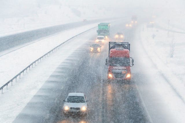 Snow on the M6 near the village of Shap in Cumbria as up to 10cm of snow could fall on higher ground as temperatures drop across large parts of the UK this week