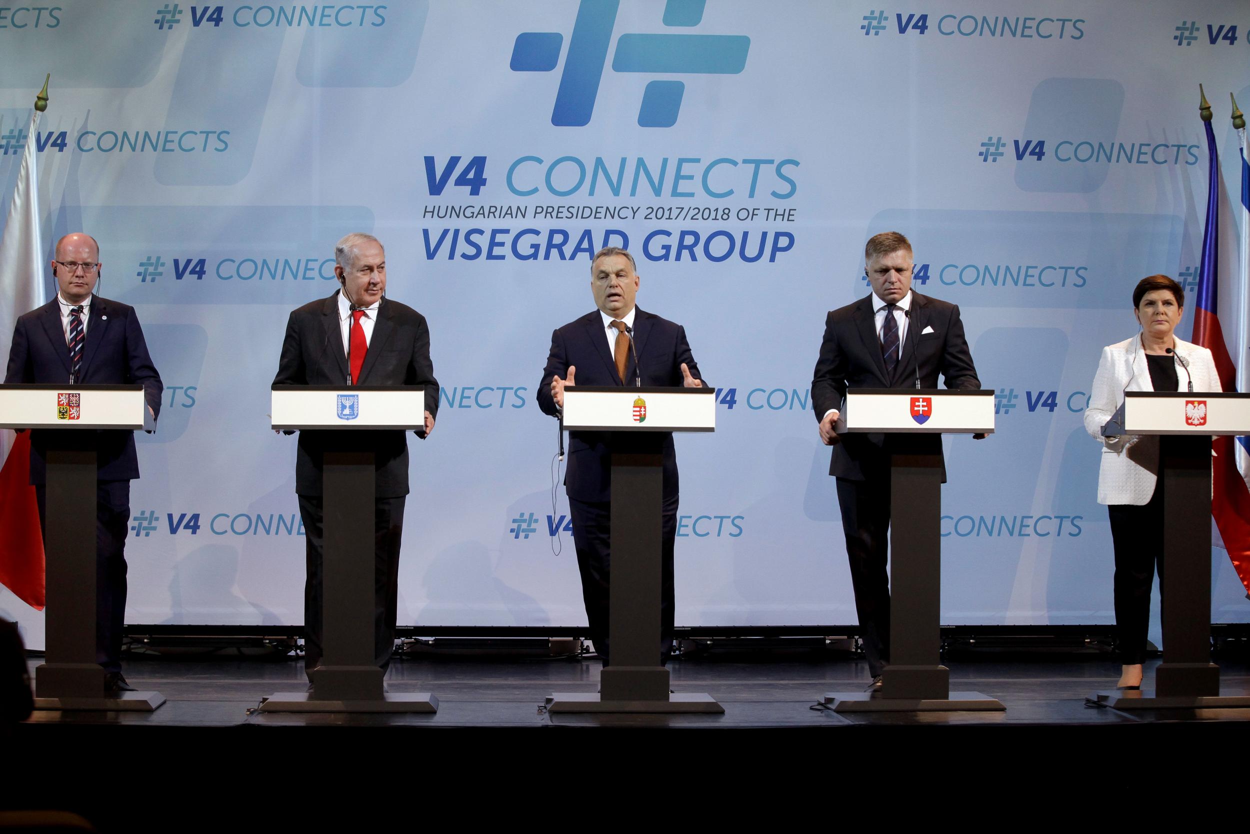 Israeli prime minister Benjamin Netanyahu at a press conference of Visegrad leaders in Budapest in 2017