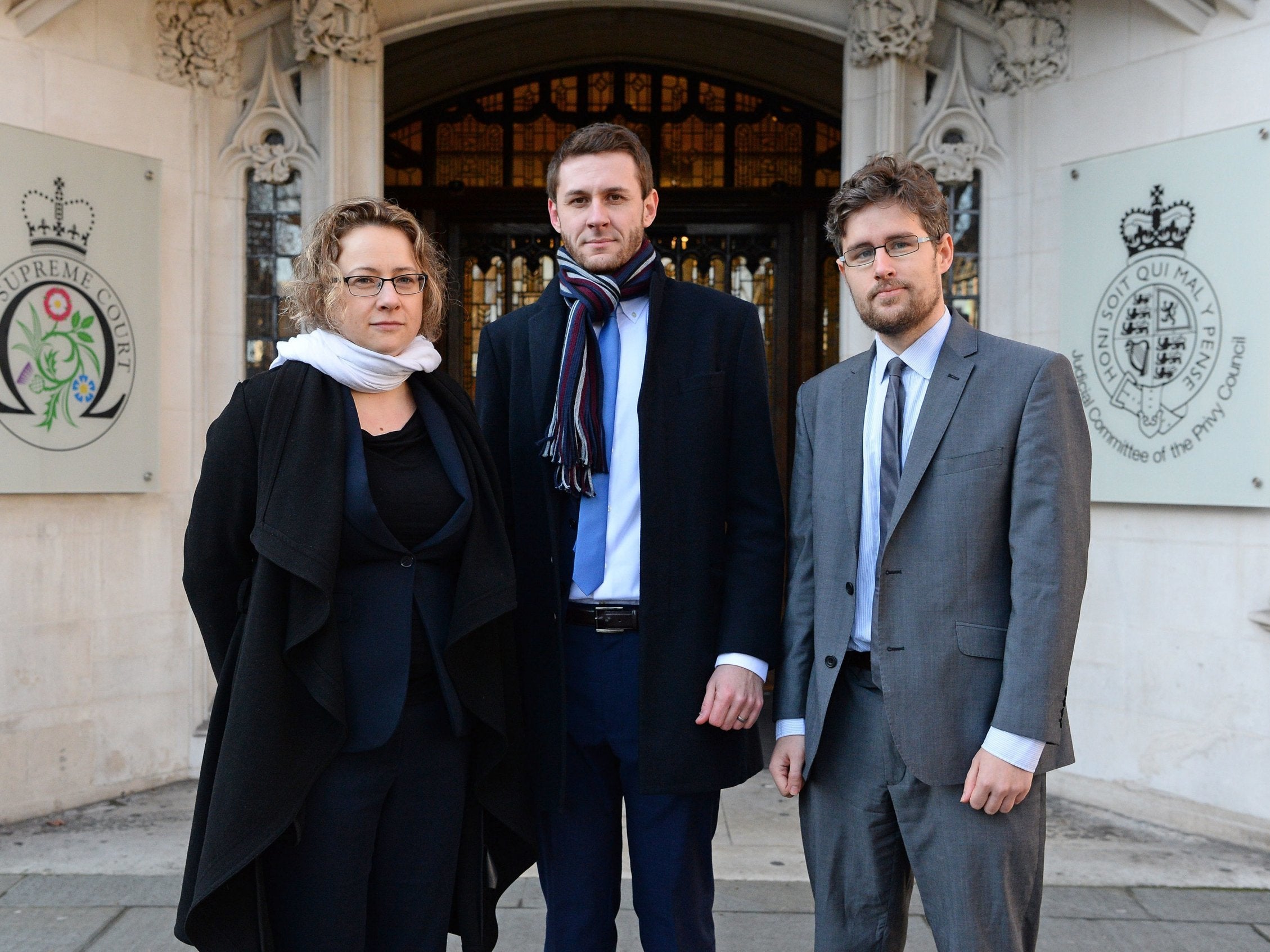 Jennifer Twite, Head of Strategic Litigation at Just for Kids Law, Christopher Stacey Co-director of Unlock, and Alex Temple, of Just for Kids Law, outside the Supreme Court in London on 30 January