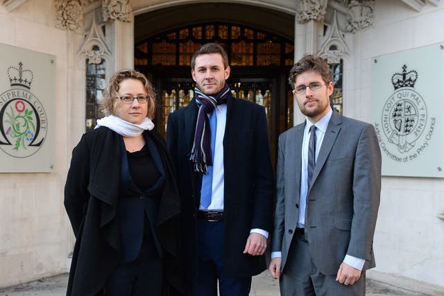 Jennifer Twite, Head of Strategic Litigation at Just for Kids Law, Christopher Stacey Co-director of Unlock, and Alex Temple, of Just for Kids Law, outside the Supreme Court in London on 30 January