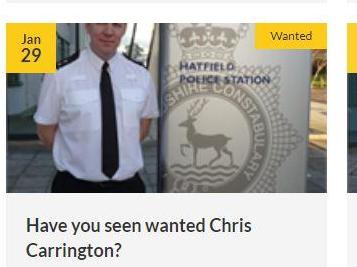 Inspector Wayne Nash's photo was mistakenly published alongside a wanted man appeal on Hertfordshire Police's website and Facebook page