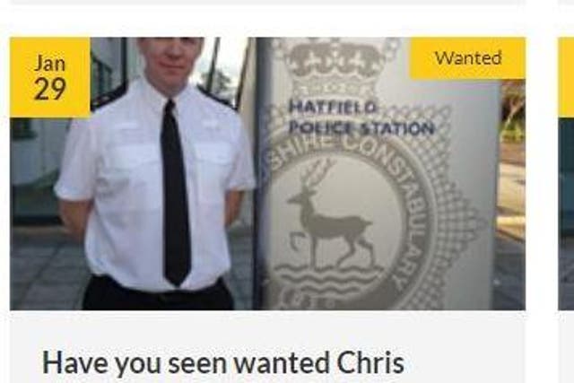 Inspector Wayne Nash's photo was mistakenly published alongside a wanted man appeal on Hertfordshire Police's website and Facebook page
