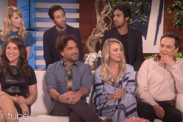 Melissa Rauch, Simon Helberg, Kunal Nayyar, Jim Parsons, Kaley Cuoco, Johnny Galecki and Mayim Bialik discuss the nearing end of The Big Bang Theory on The Ellen DeGeneres show on 31 January, 2019.