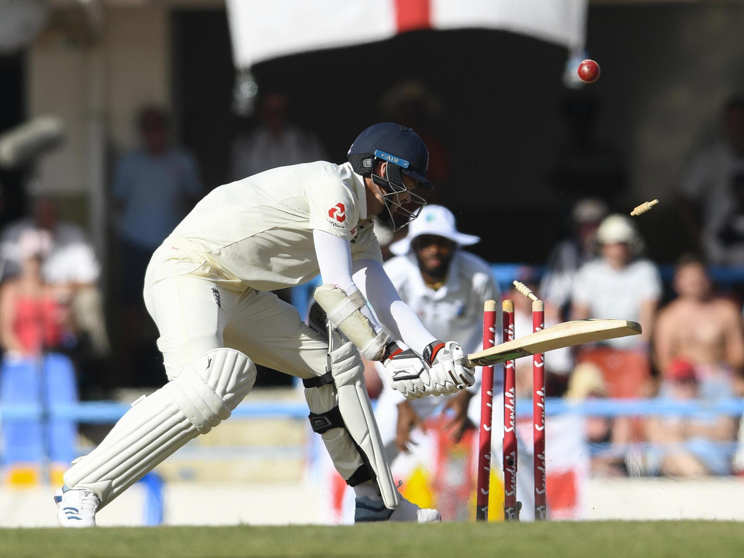 James Anderson is bowled by Shannon Gabriel on day one of the second Test