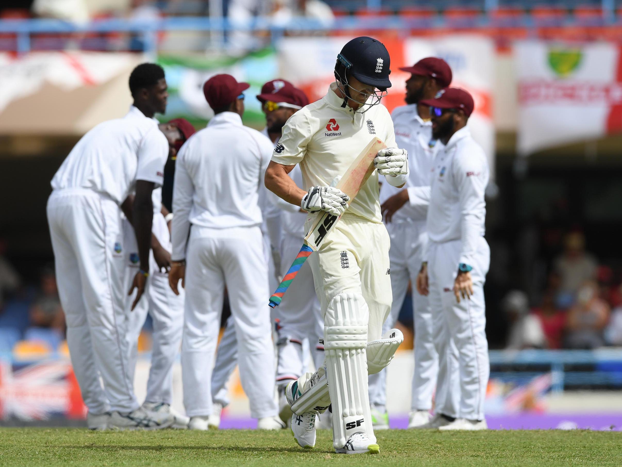 Joe Denly exits the field after losing his wicket to Alzarri Joseph