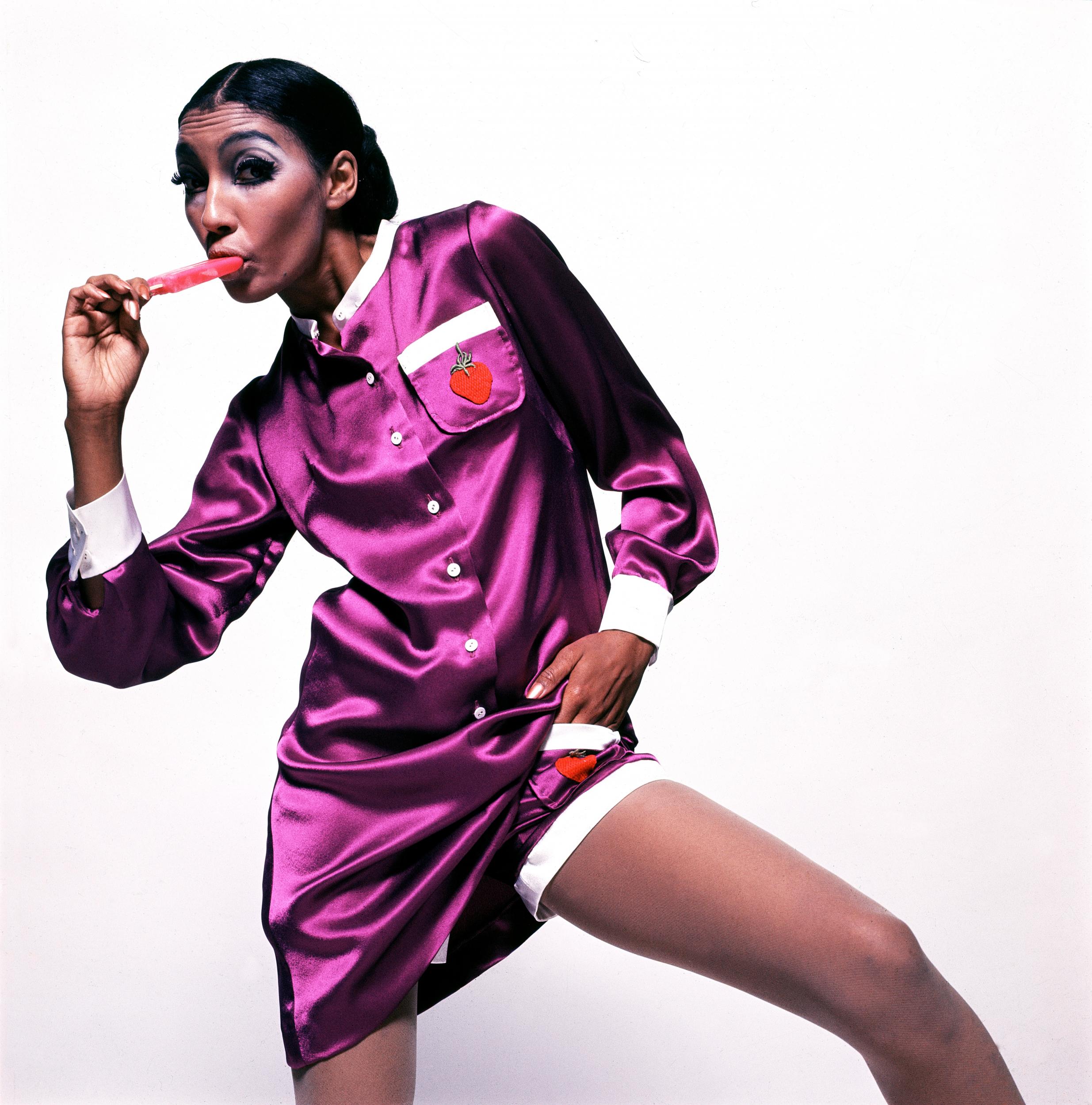 Satin mini-dress and shorts by Quant, photographed by Brian Duffy in 1966 (Duffy Archive )