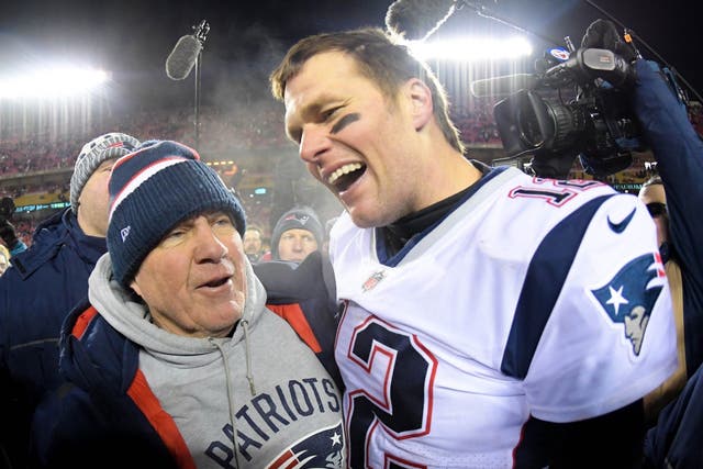 New England Patriots head coach Bill Belichick and quarterback Tom Brady celebrate