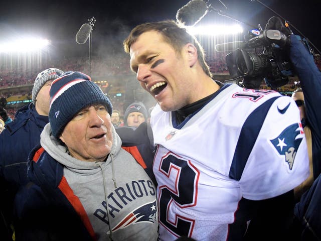 New England Patriots head coach Bill Belichick and quarterback Tom Brady celebrate
