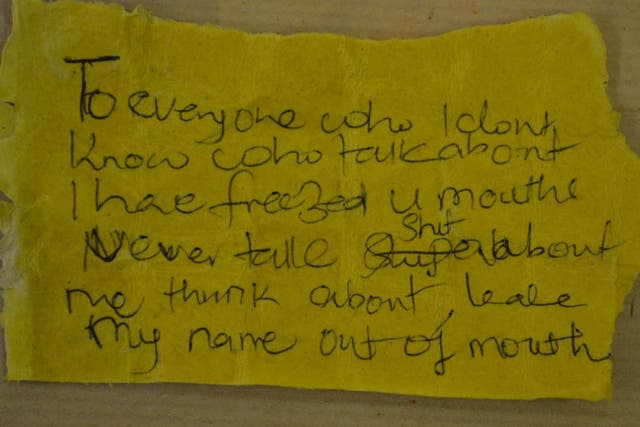 One of the notes left in a lime by the girl's mother as an attempted spell