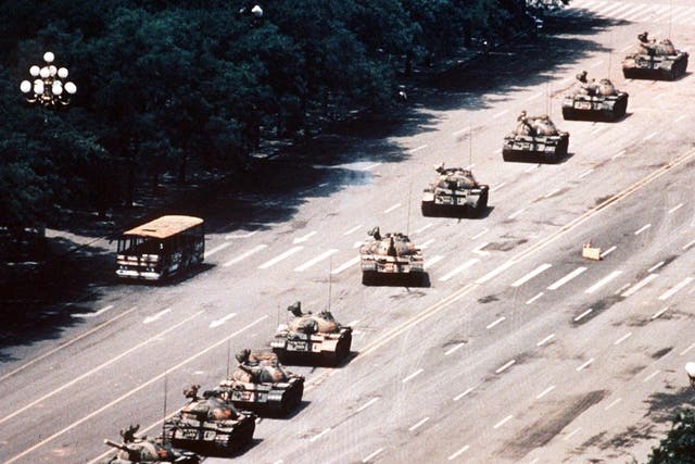 Wang Weilin defies the tanks as they roll into Tianamen square in June 1989. Thousands of students in Beijing took to the streets in a pro-democracy demonstration