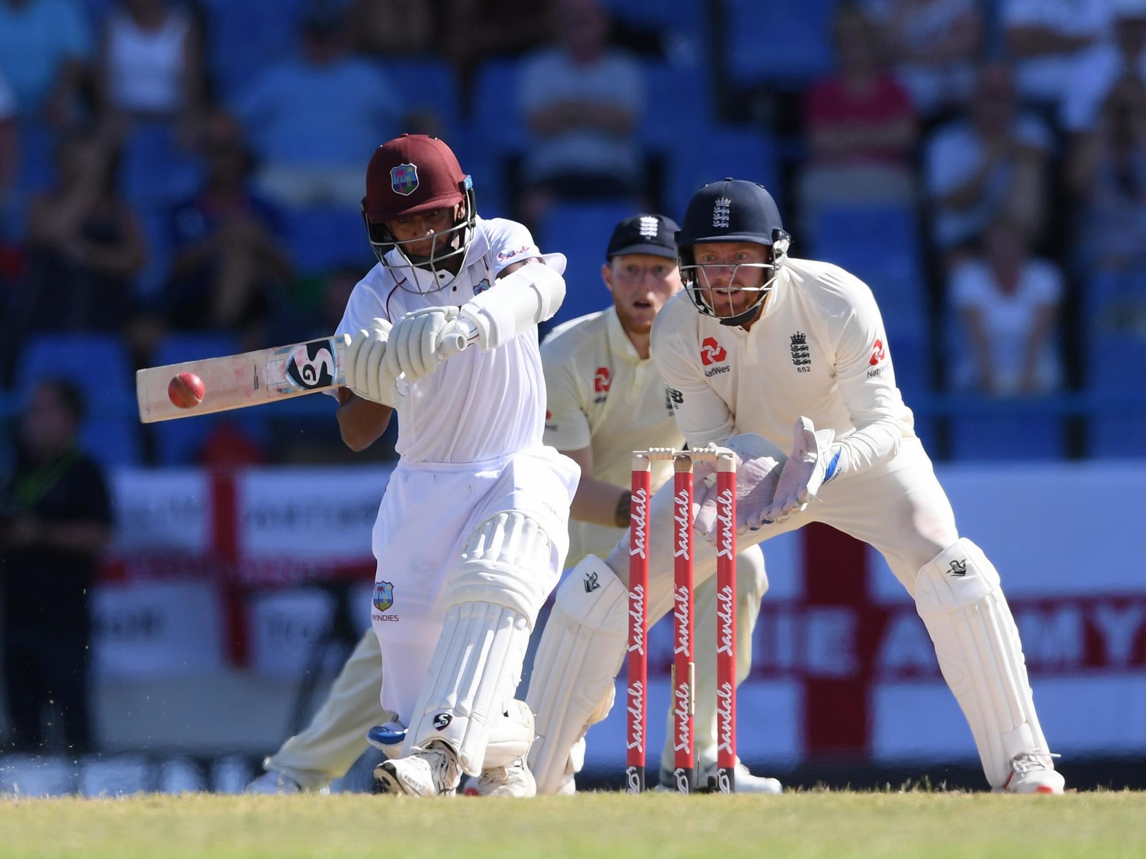 Shane Dowrich plays a shot for West Indies on the second day of the second Test