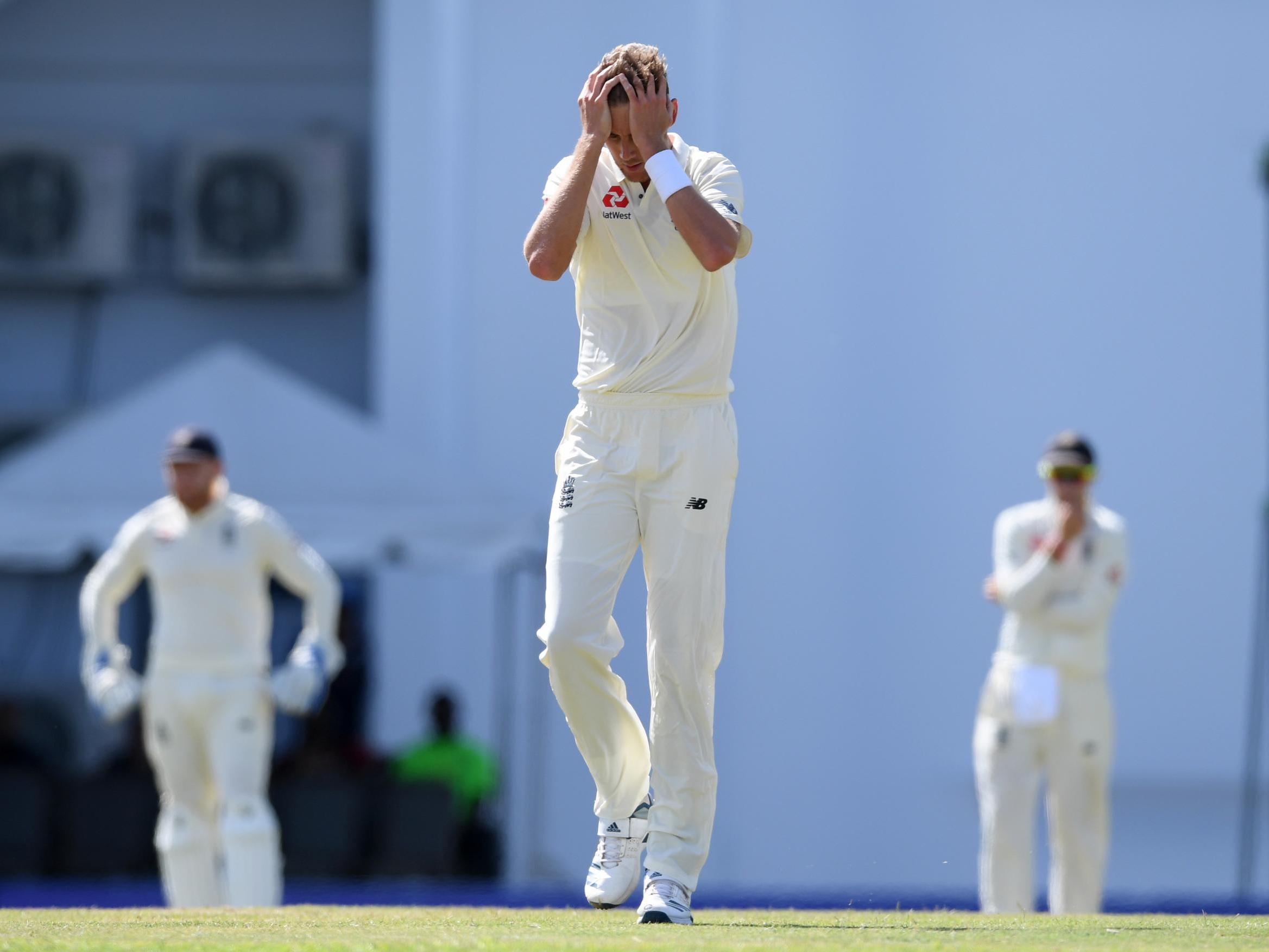 Stuart Broad reacts during the third day of the second Test