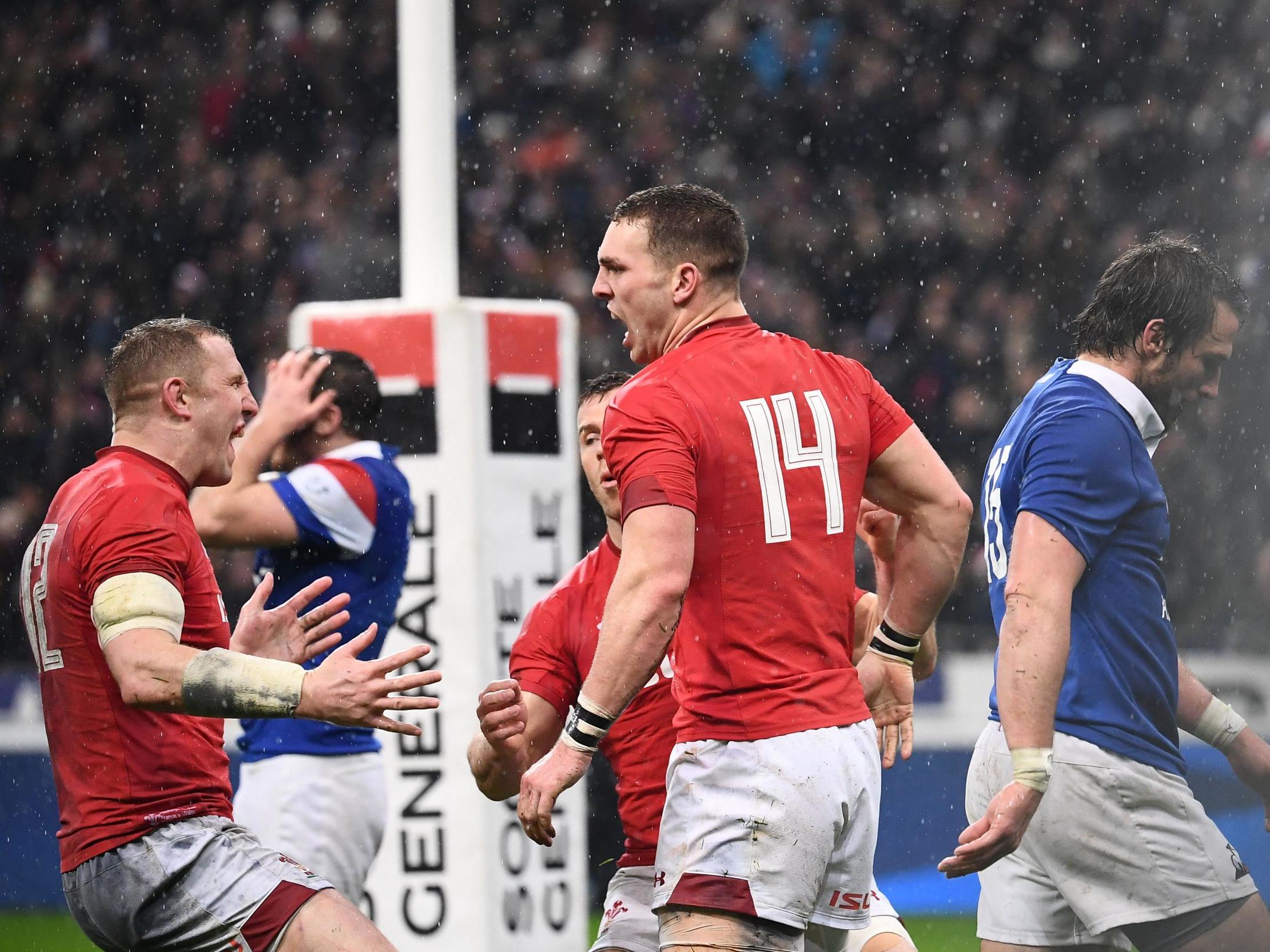 George North celebrates what proved to be the winning try