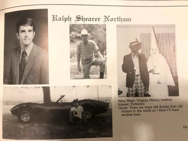 The page shows a picture, at right, of a person in blackface and another wearing a Ku Klux Klan hood next to different pictures of the governor.