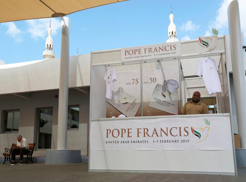 A man sells memorabilia for Pope Francis' upcoming trip to the UAE at St. Mary's Catholic Church, Dubai.  A bridge, new ministry, family day at the park and the year 2019 are branded under the theme 'tolerance' as the country prepares to host Pope Francis from Sunday 3 February 2019.