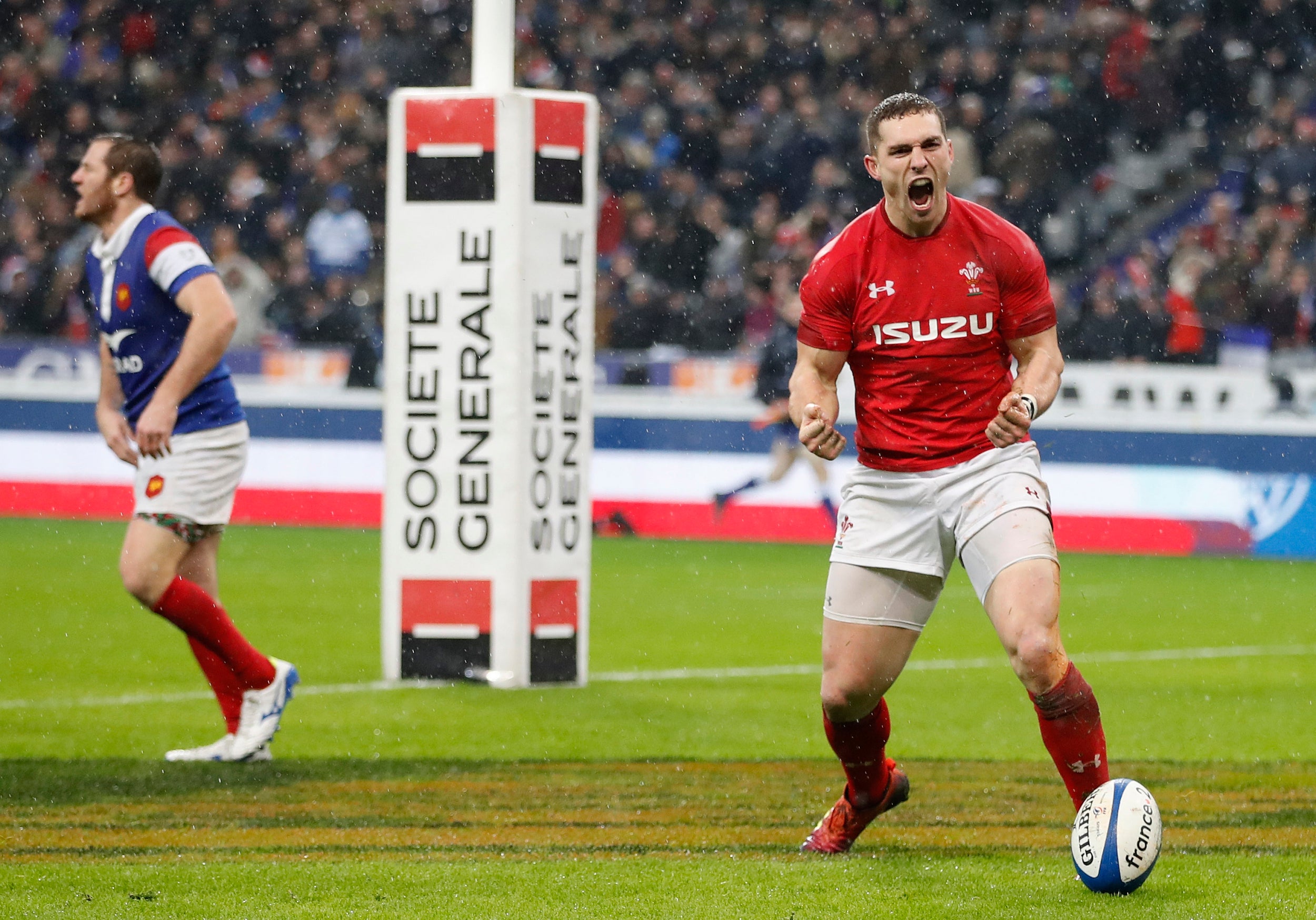 George North celebrates scoring his second try for Wales