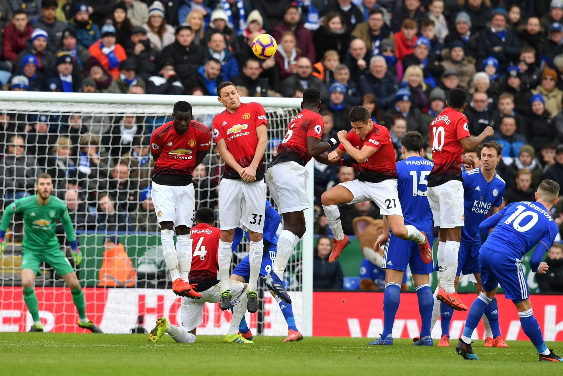 James Maddison sees his free-kick hit the United wall