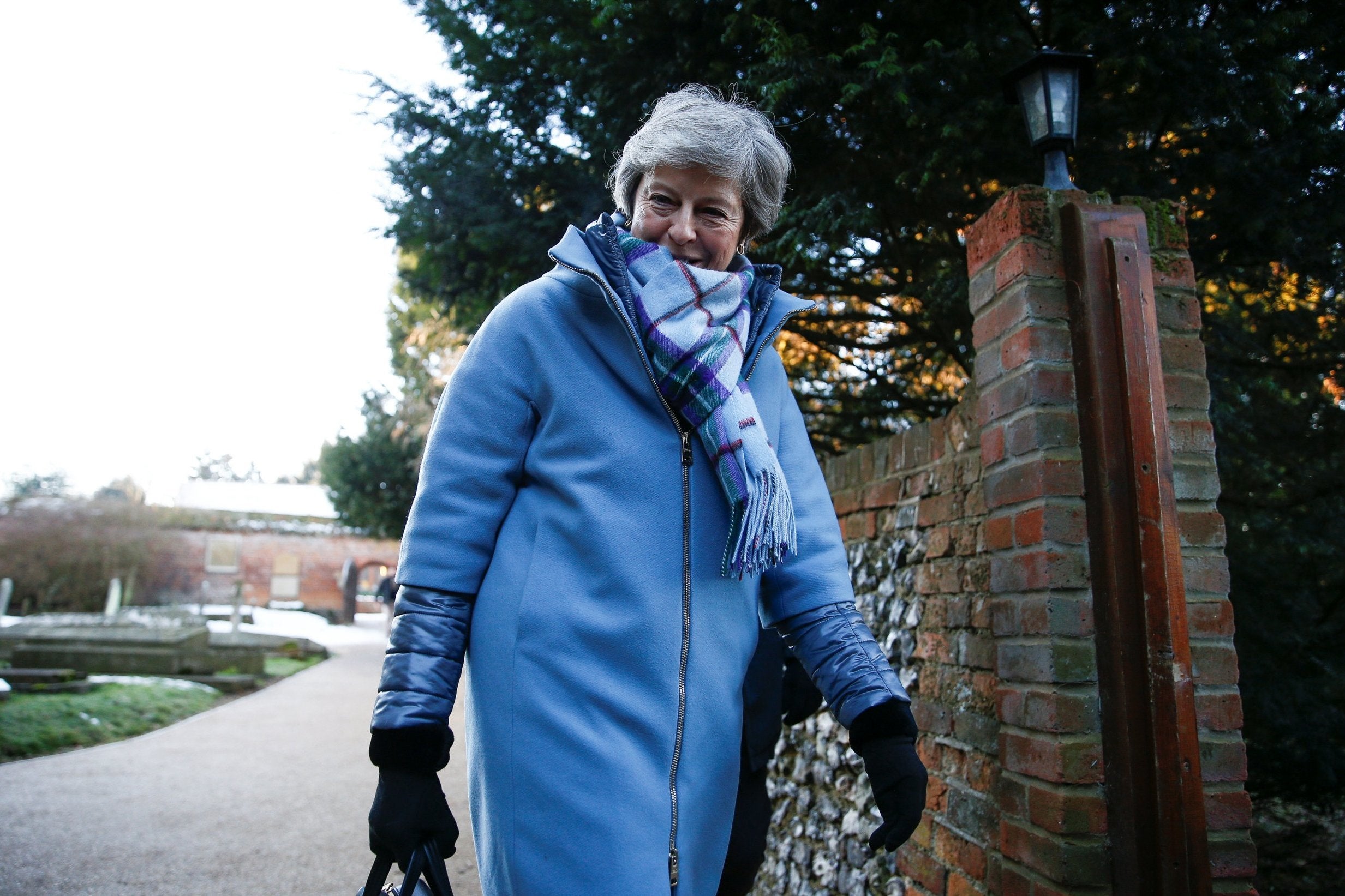 theresa may blue winter coat