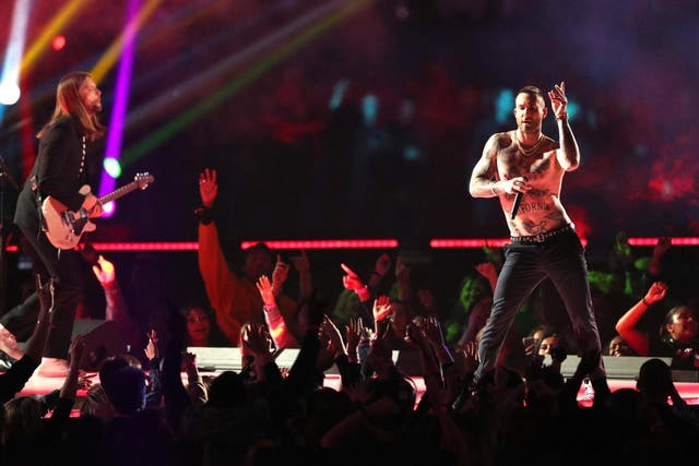 James Valentine and Adam Levine of Maroon 5 perform during the Pepsi Super Bowl LIII Halftime Show at Mercedes-Benz Stadium on 3 February, 2019 in Atlanta, Georgia.