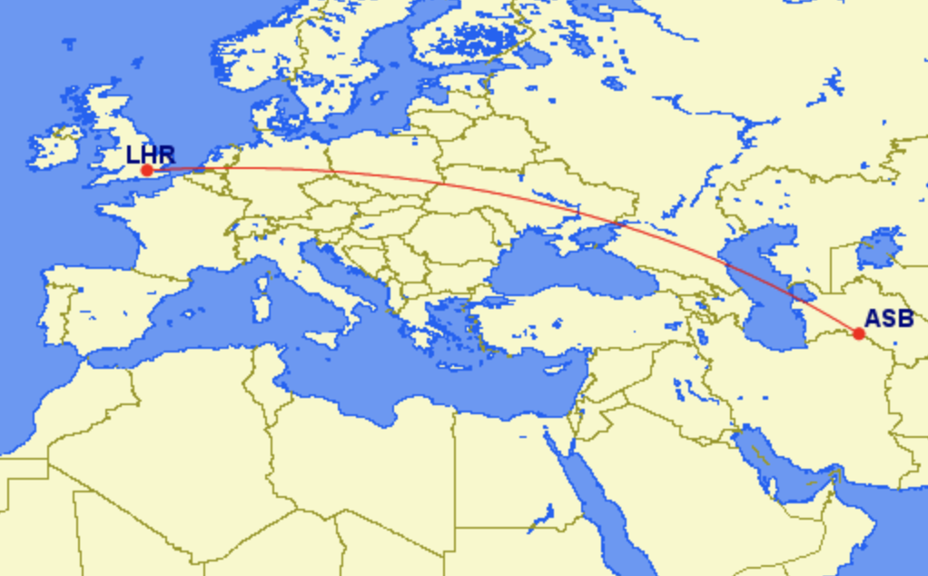 Central line: the flight from Heathrow (LHR) to Ashgabat (ASB) covers almost 3,000 miles