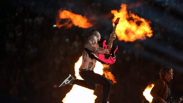 Lead vocalist of Maroon 5 Adam Levine performs during the halftime show of Super Bowl LIII