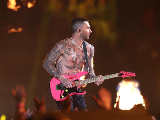 Adam Levine performing with Maroon 5 at the 2019 Super Bowl halftime show