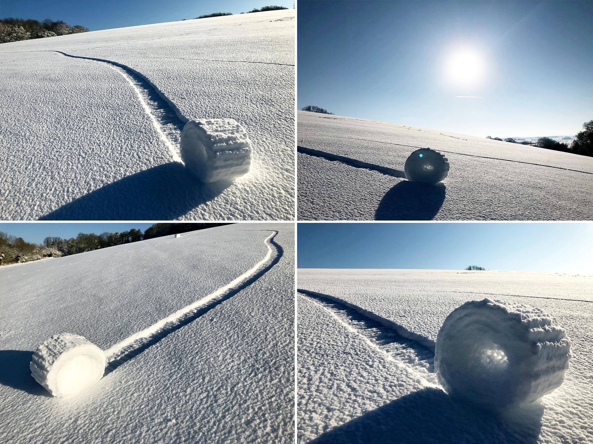 Snow Rollers form in a field in Marlborough, Wiltshire. They are a rare meteorological phenomenon in which large snowballs are formed naturally as chunks of snow are blown along the ground by the wind. As they move they pick up snow on the way, in much the same way that the large snowballs used in snowmen are made.