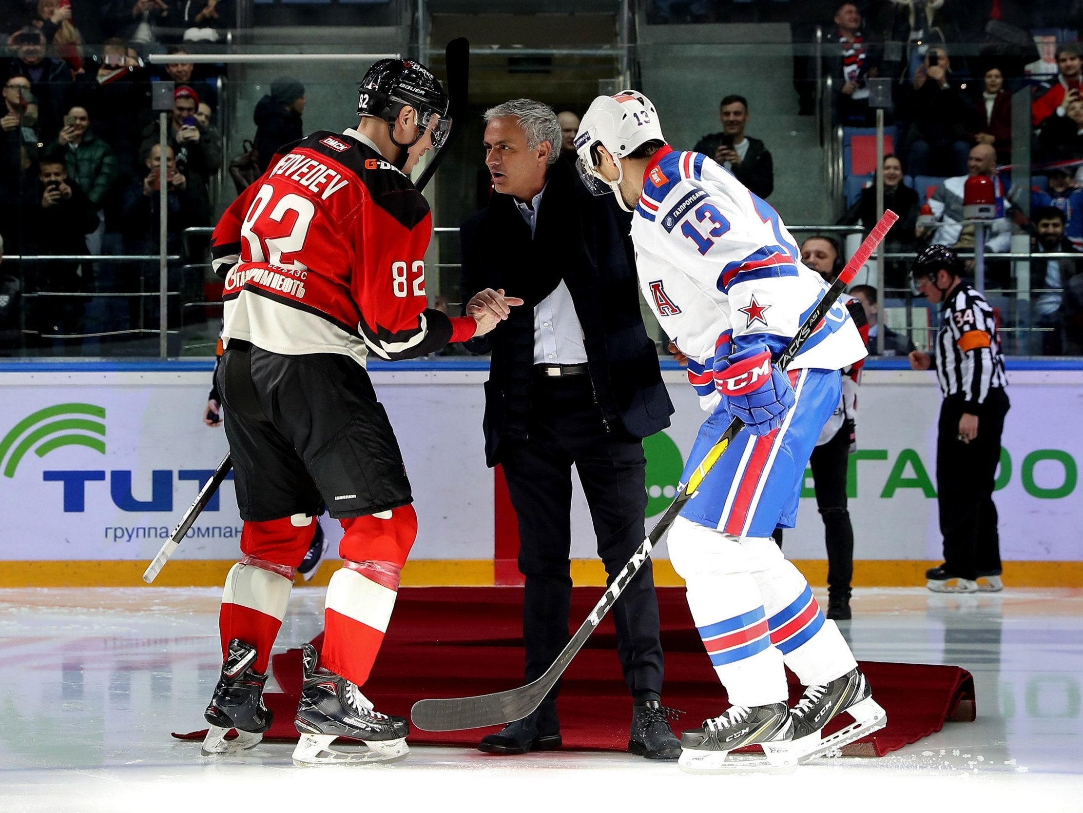 But Mourinho was able to laugh it off and climb back to his feet with the help of Evgeny Medvedev and Pavel Datsyuk
