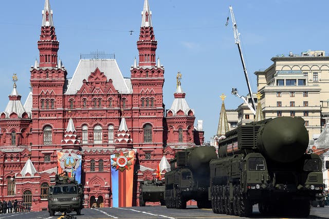 Russian Yars RS-24 intercontinental ballistic missile systems parade through Red Square during the Victory Day military parade in Moscow in May last year