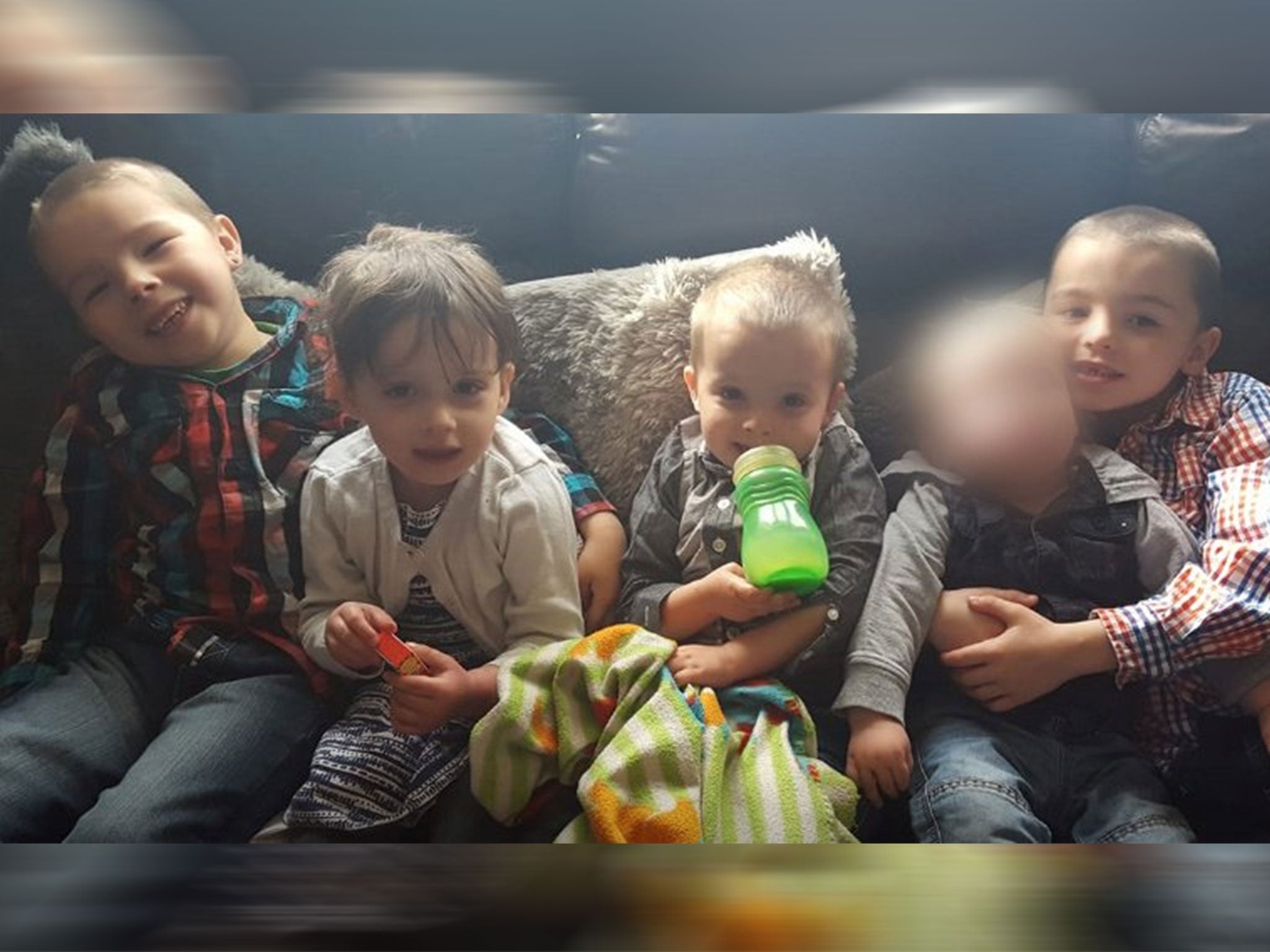 Photo issued by Staffordshire Police of (left to right) Keegan Unitt, 6, Tilly Unitt, 4, Olly Unitt, 3, and their older brother Riley Holt, 8 (far right), (pictured with a younger sibling, second right), who have been named as the four children who died in a house fire at their home in Stafford