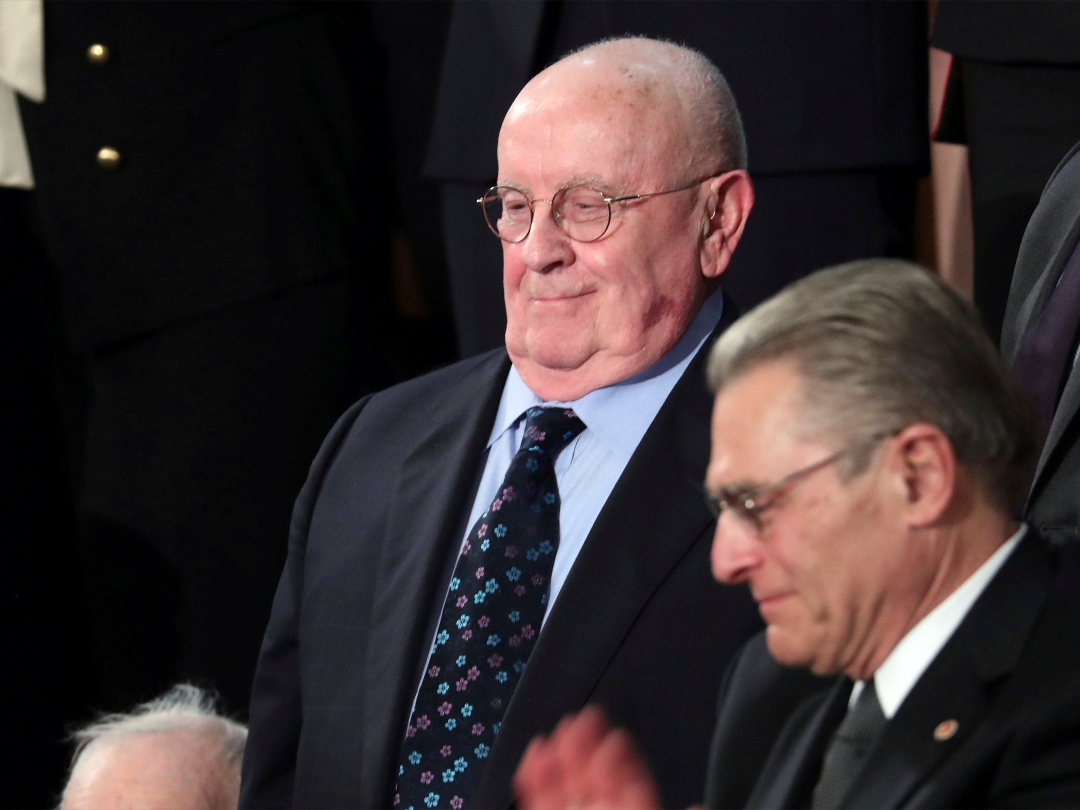 Holocaust survivor Judah Samet listens as the chamber sings "Happy Birthday" to him as President Donald Trump delivers his State of the Union address