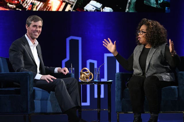 Beto O'Rourke and Oprah Winfrey speak onstage during Oprah's SuperSoul Conversations