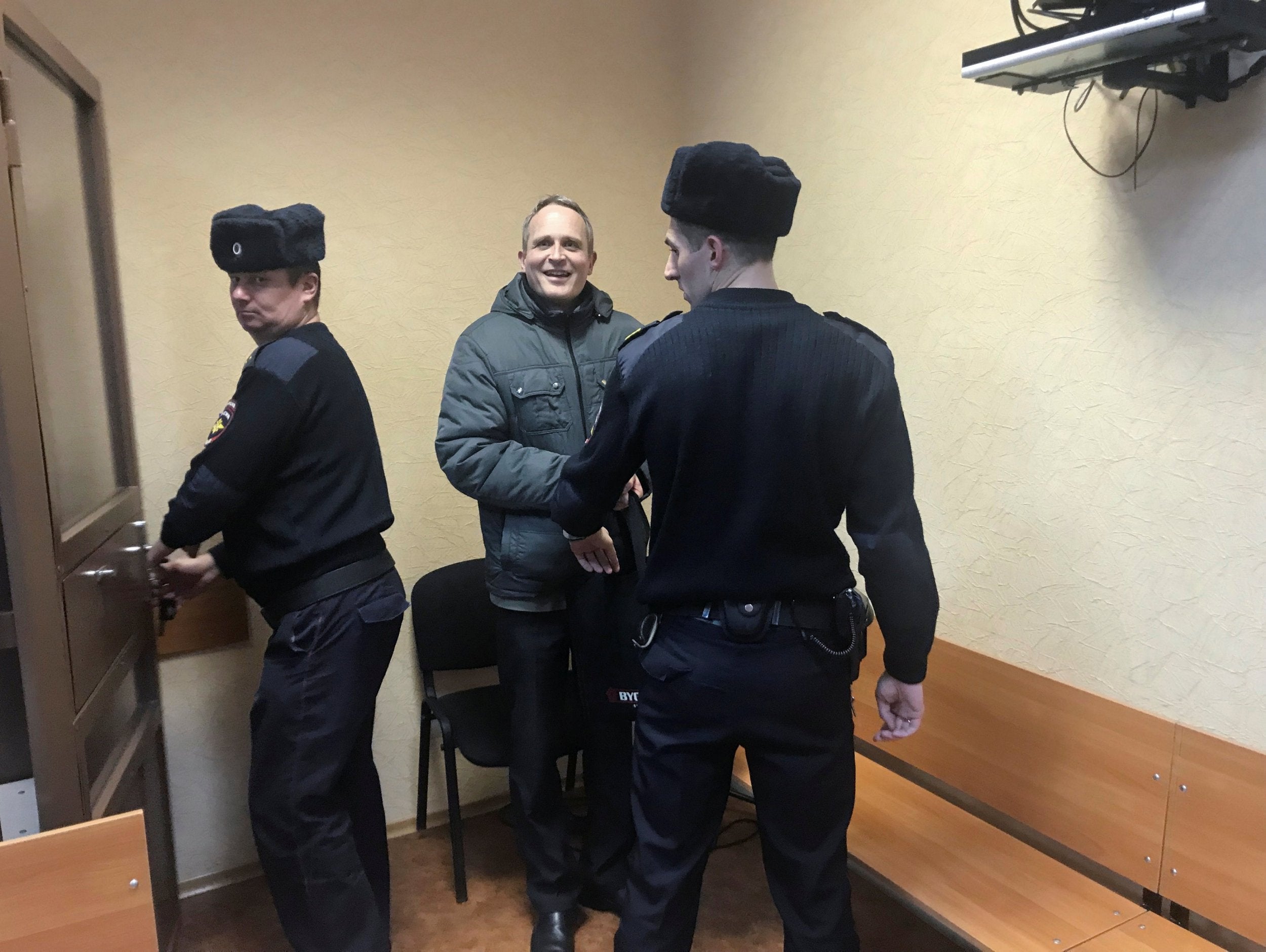 Dennis Christensen, a Jehovah's Witness accused of extremism, leaves after a court session in Oryol on 14 January