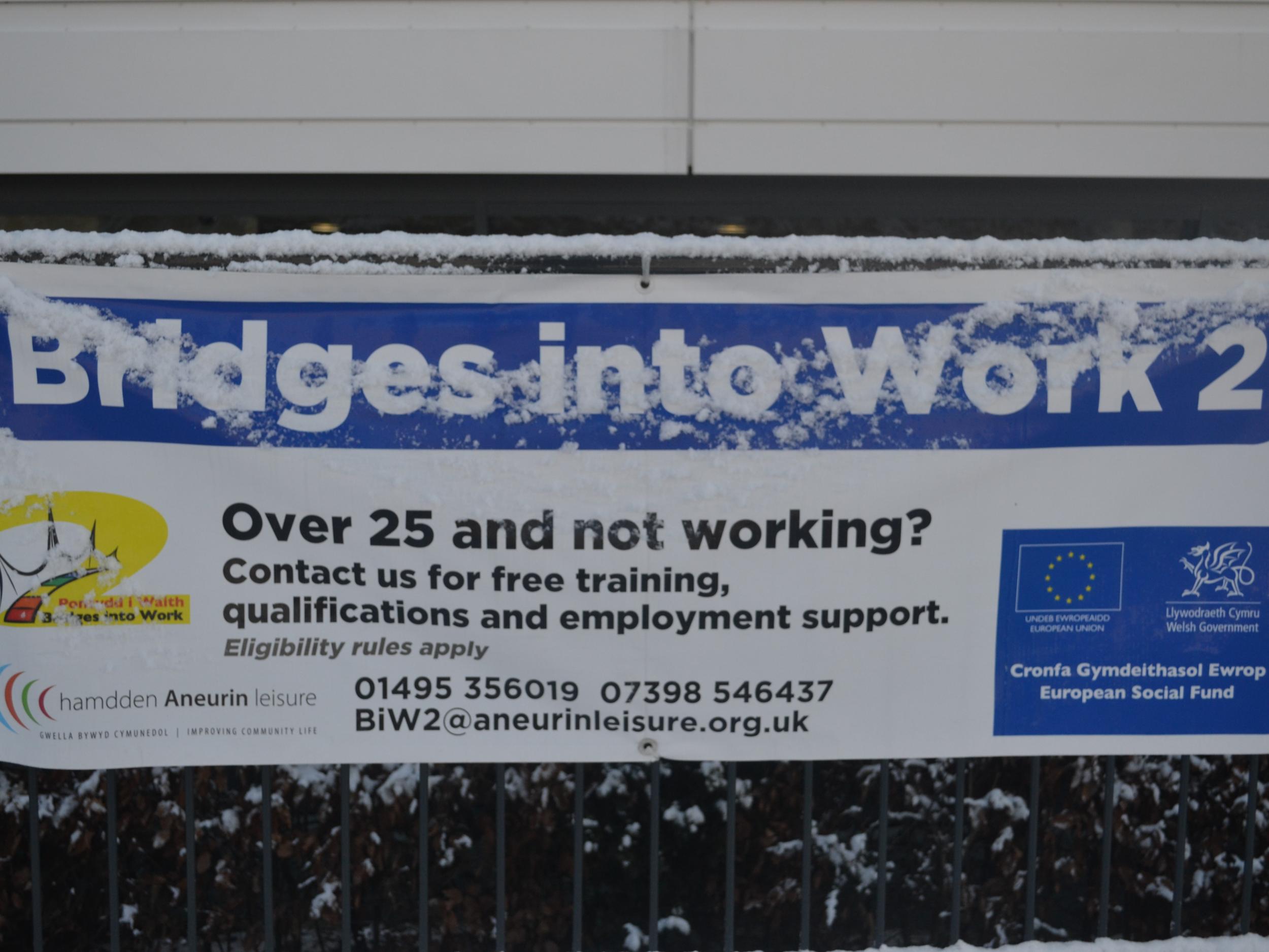 A sign of Blaenau Gwent’s enduring problems or the EU’s efforts to address them? The banner outside the new sports centre, on the site of the old steelworks site