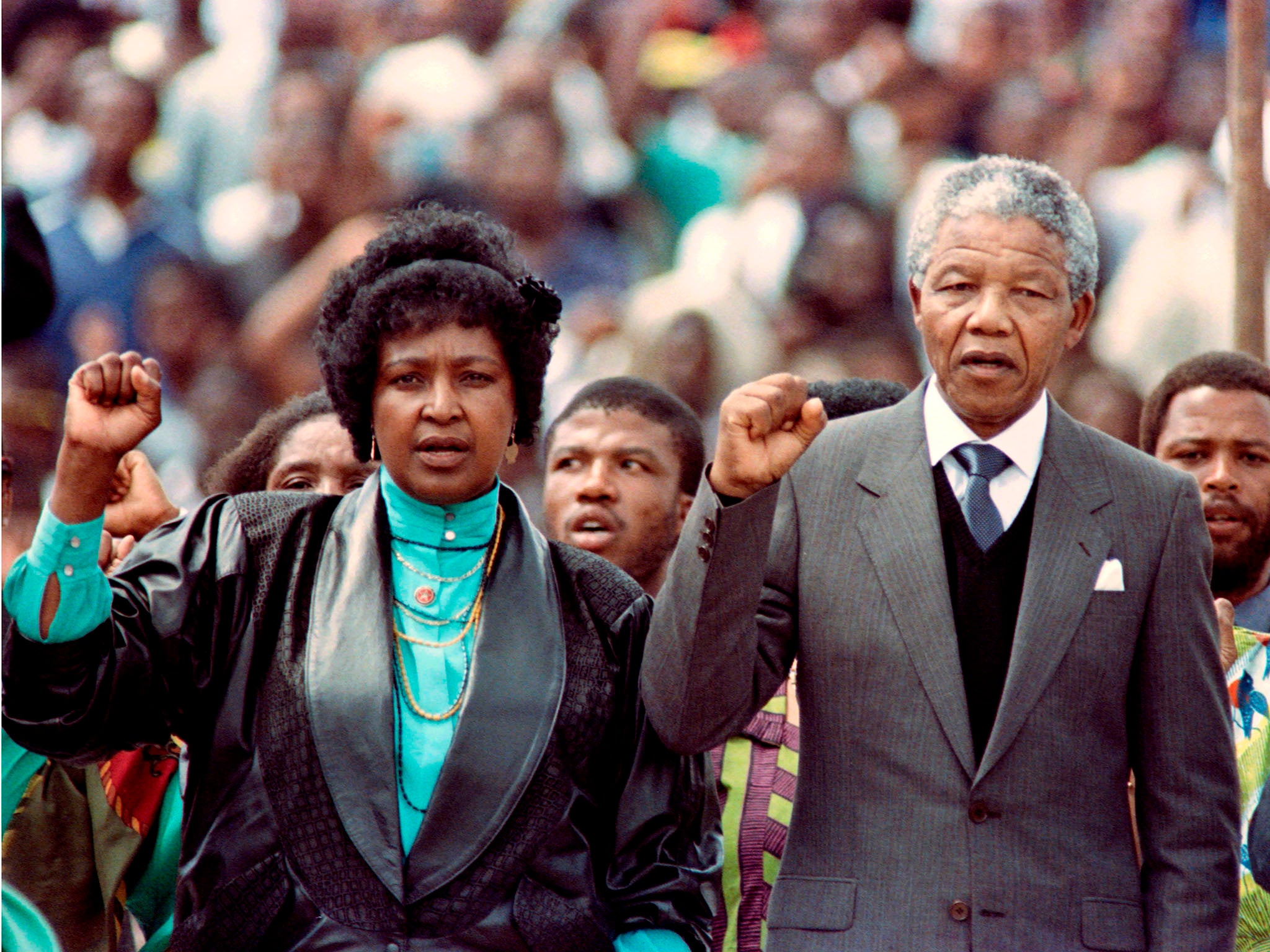 Nelson Mandela and his then-wife Winnie at a rally on 13 February 1990, just two days after the anti-apartheid leader was released from prison