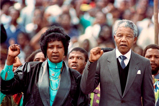 Nelson Mandela and his then-wife Winnie at a rally on 13 February 1990, just two days after the anti-apartheid leader was released from prison