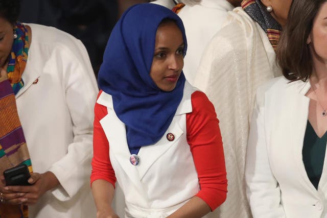 Rep. Ilhan Omar looks on ahead of the State of the Union address in the House chamber.