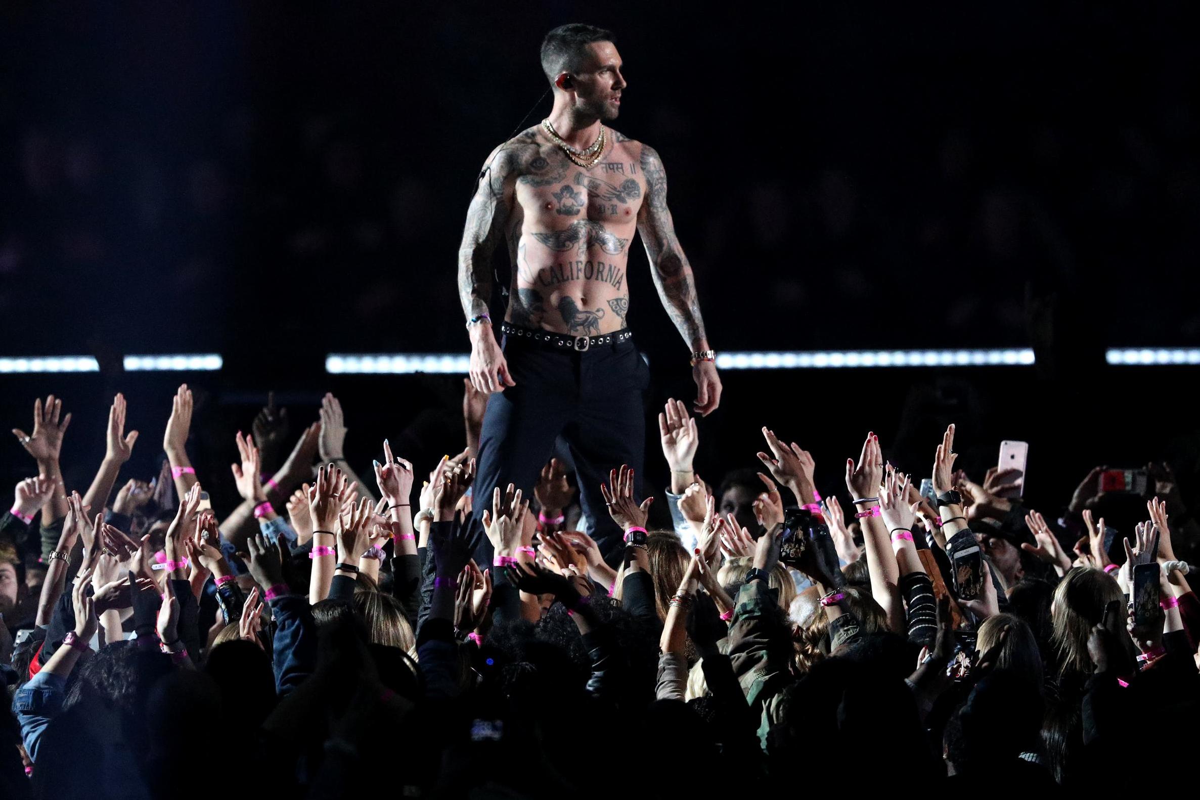 Adam Levine of Maroon 5 performs during the Pepsi Super Bowl LIII Halftime Show at Mercedes-Benz Stadium on 3 February, 2019 in Atlanta, Georgia.