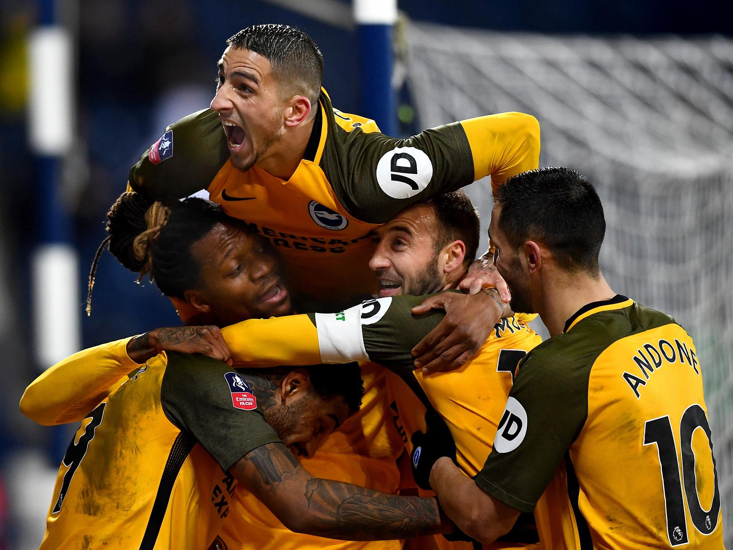 Brighton celebrate their progress in the FA Cup vs West Brom (Getty )