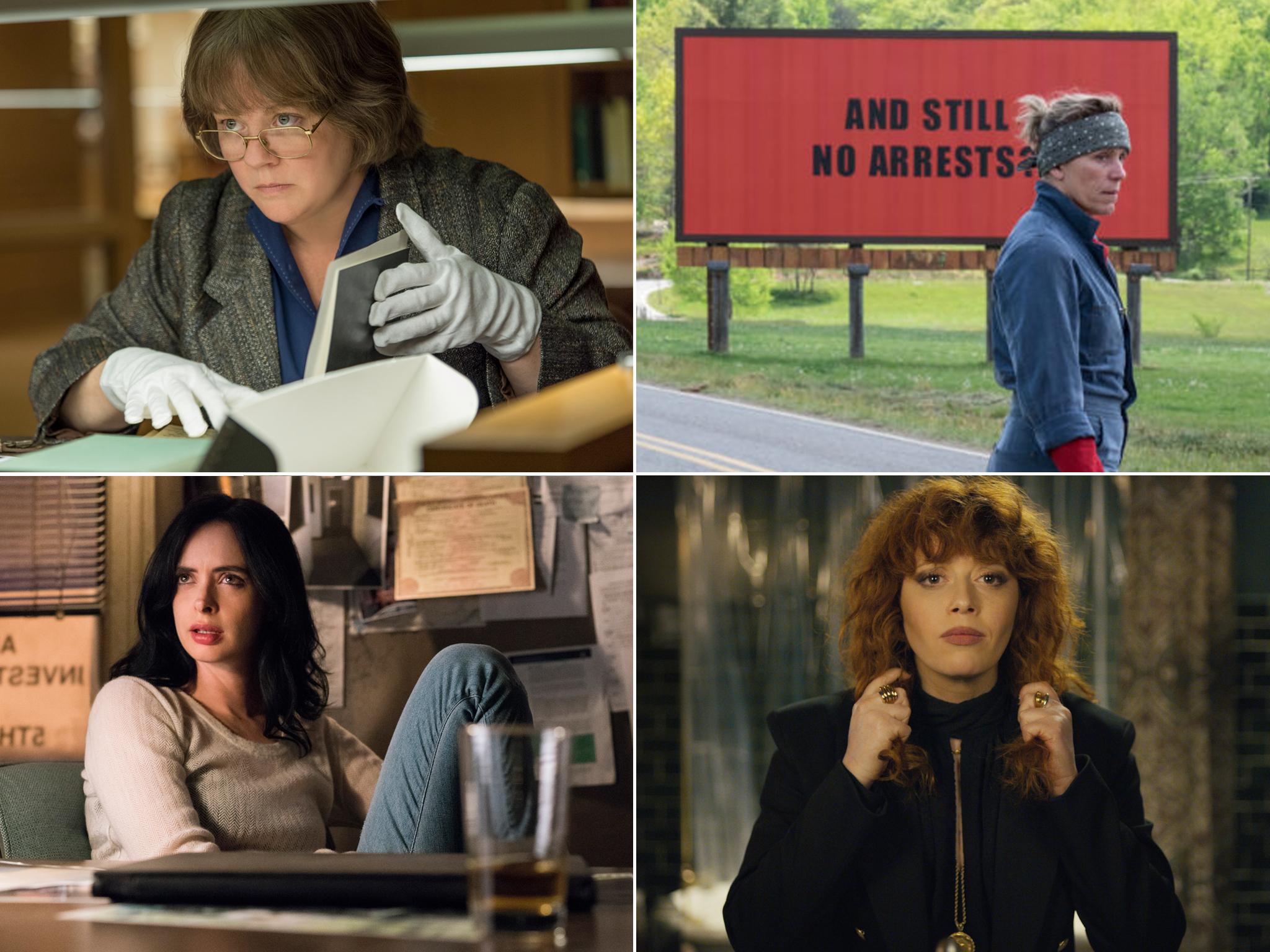Present imperfect: pictured (clockwise, from top left), Melissa McCarthy in ‘Can You Ever Forgive Me?’, Frances McDormand in ‘Three Billboards’, Natasha Lyonne in ‘Russian Doll’, and Krysten Ritter in ‘Jessica Jones’