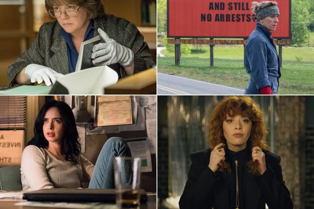 Present imperfect: pictured (clockwise, from top left), Melissa McCarthy in ‘Can You Ever Forgive Me?’, Frances McDormand in ‘Three Billboards’, Natasha Lyonne in ‘Russian Doll’, and Krysten Ritter in ‘Jessica Jones’