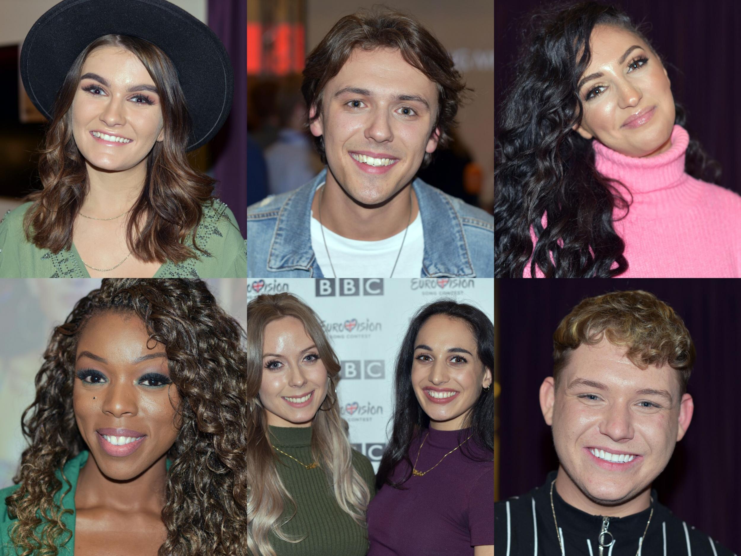 Eurovision contestants, clockwise from top left: Holly Tander, Jordan Clarke, Anisa, Michael Rice, MAID and Kerrie-Ann
