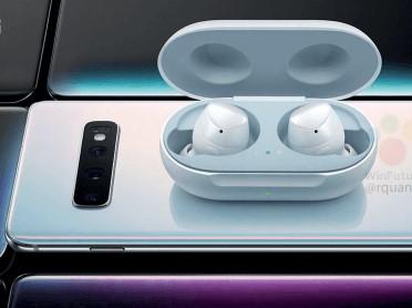 Galaxy Buds wireless headphones pictured on top of a Samsung Galaxy S10