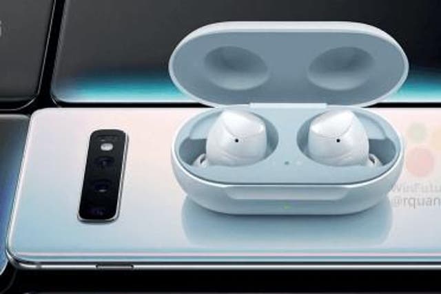 Galaxy Buds wireless headphones pictured on top of a Samsung Galaxy S10